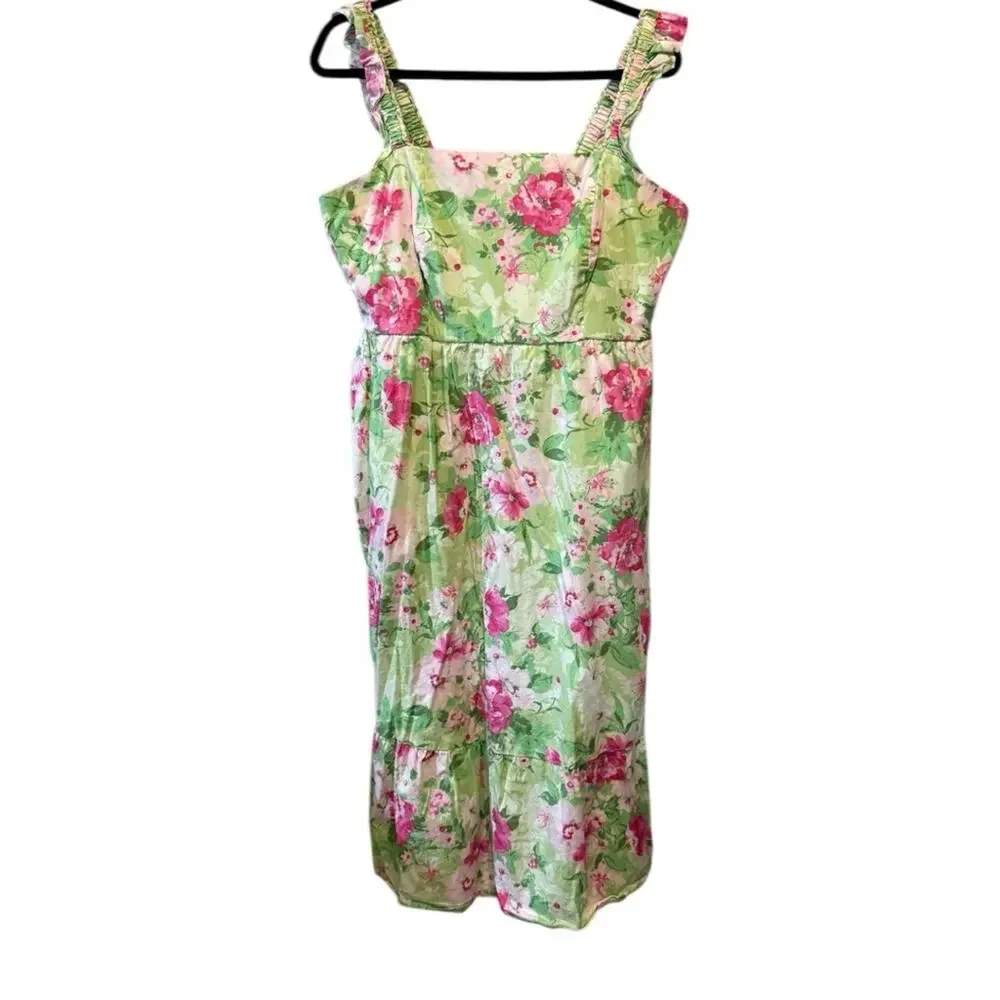 TORRID Green & Pink Floral Ruffle Strap Midi Dress | Size 1 - Picture 3 of 13